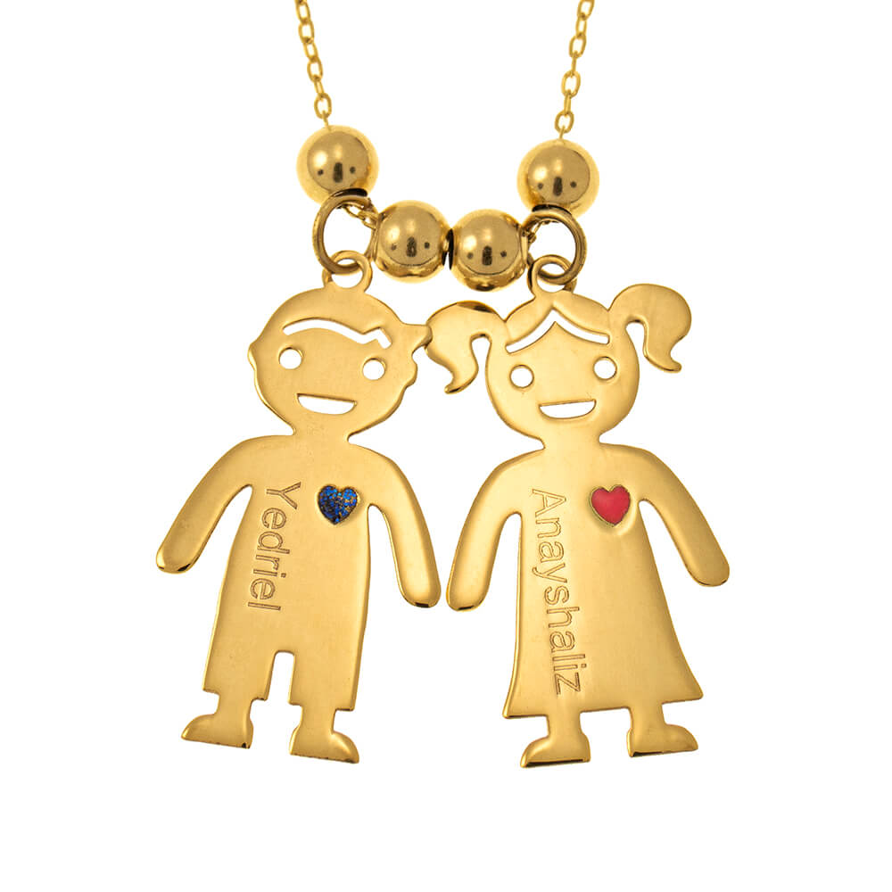 Mother’s Necklace With Engraved Children Charms Solid Yellow Gold