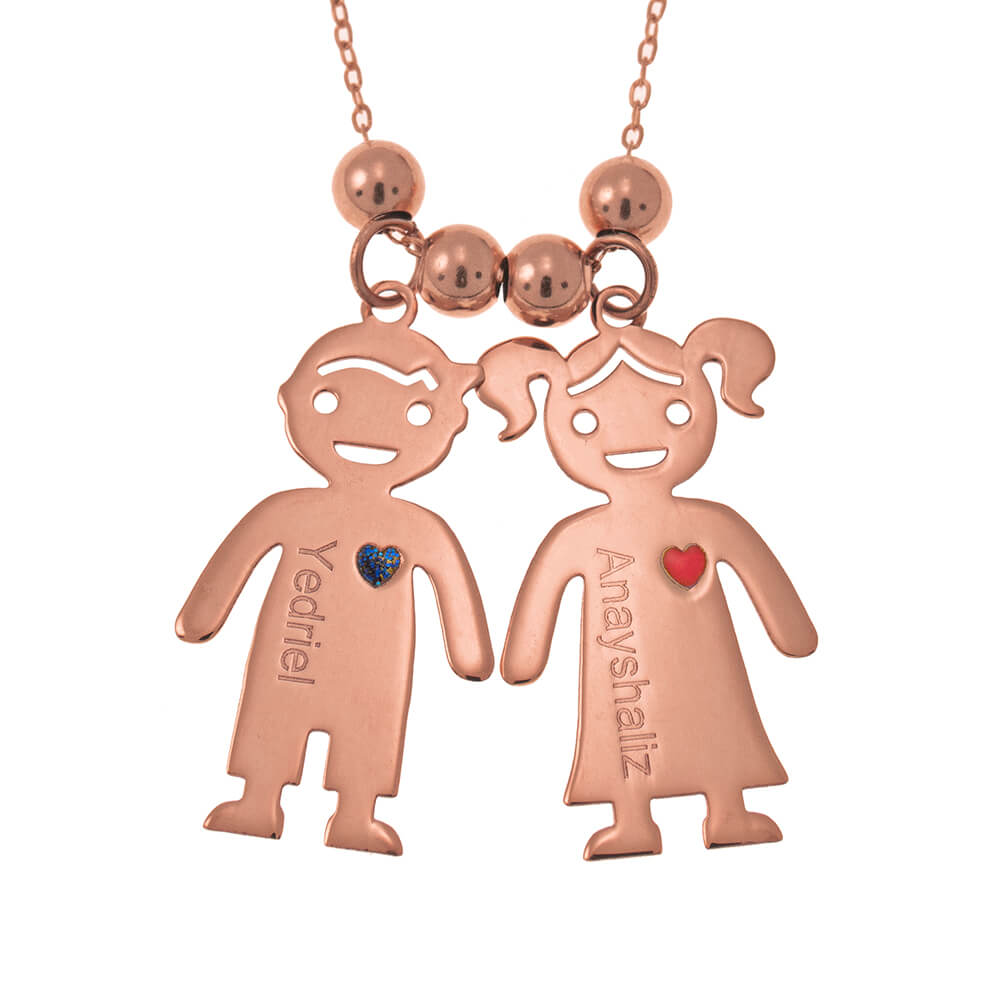 Mother’s Necklace With Engraved Children Charms Solid rose Gold