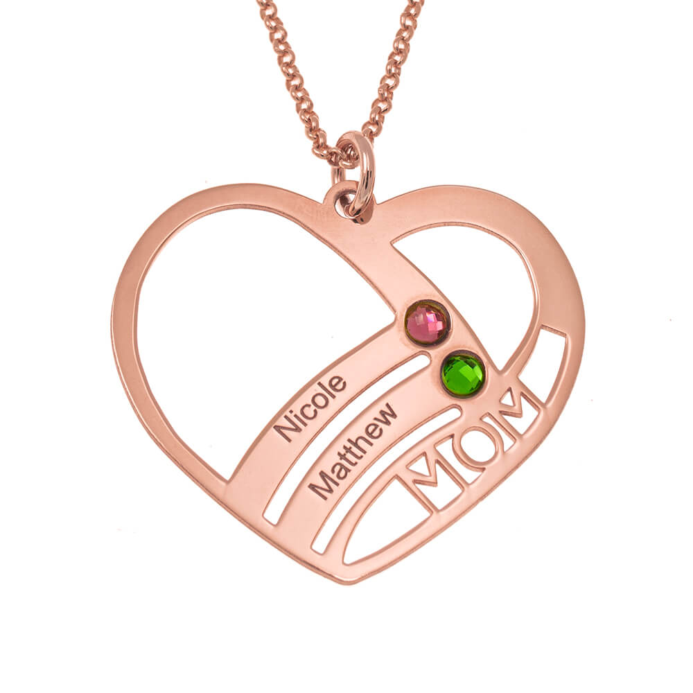 Mom Heart Necklace With Birthstones rose gold