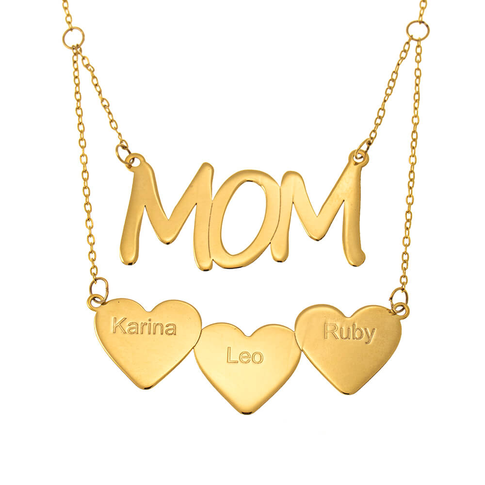 Mom Necklace With Hearts Solid Yellow Gold