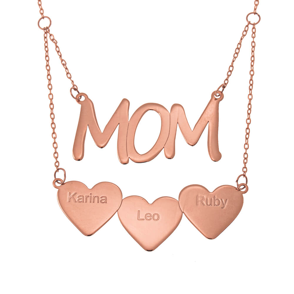 Mom Necklace With Hearts Solid rose Gold