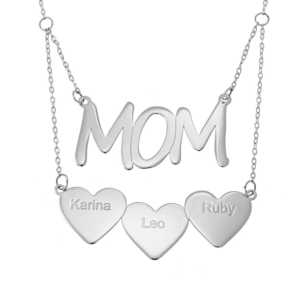 Mom Necklace With Hearts Solid white Gold