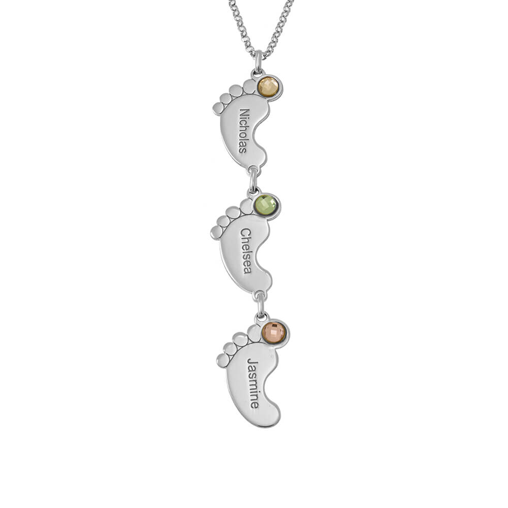 Vertical Baby Feet Necklace With Birthstones silver