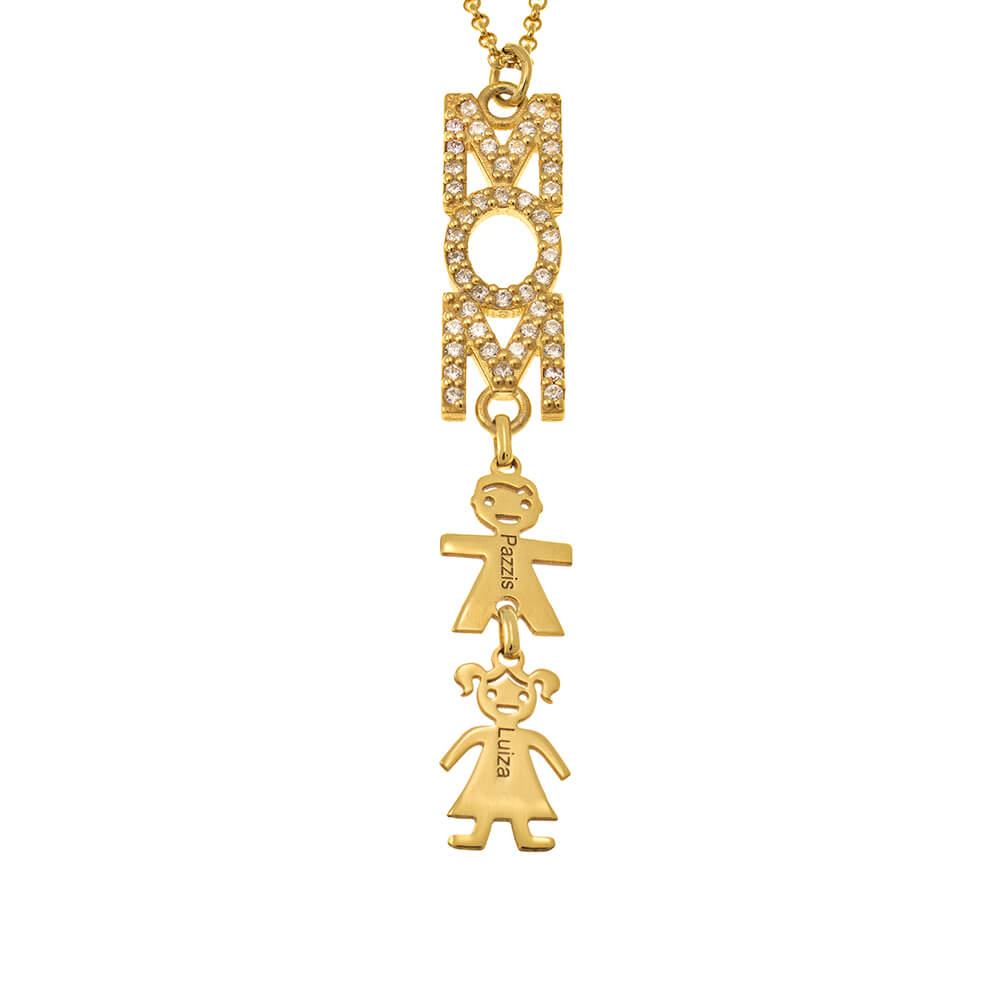 Swarovski Inlay Vertical Mom Necklace With Kids gold