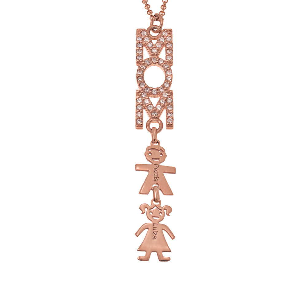 Swarovski Inlay Vertical Mom Necklace With Kids rose gold