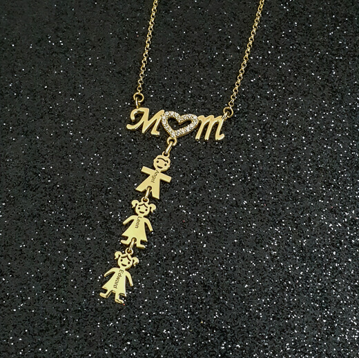 Zirconia Inlay Mom Necklace with Kids on a black background