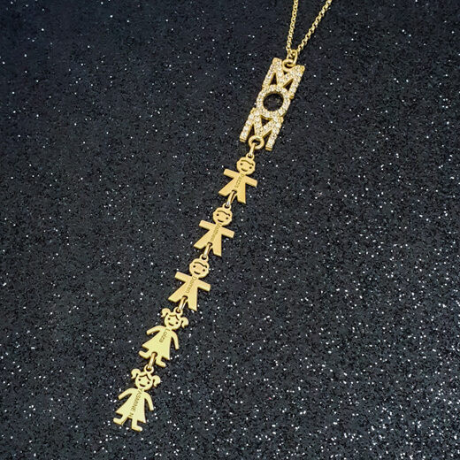 Swarovsky Inlay Vertical Mom Necklace with Kids on a black background