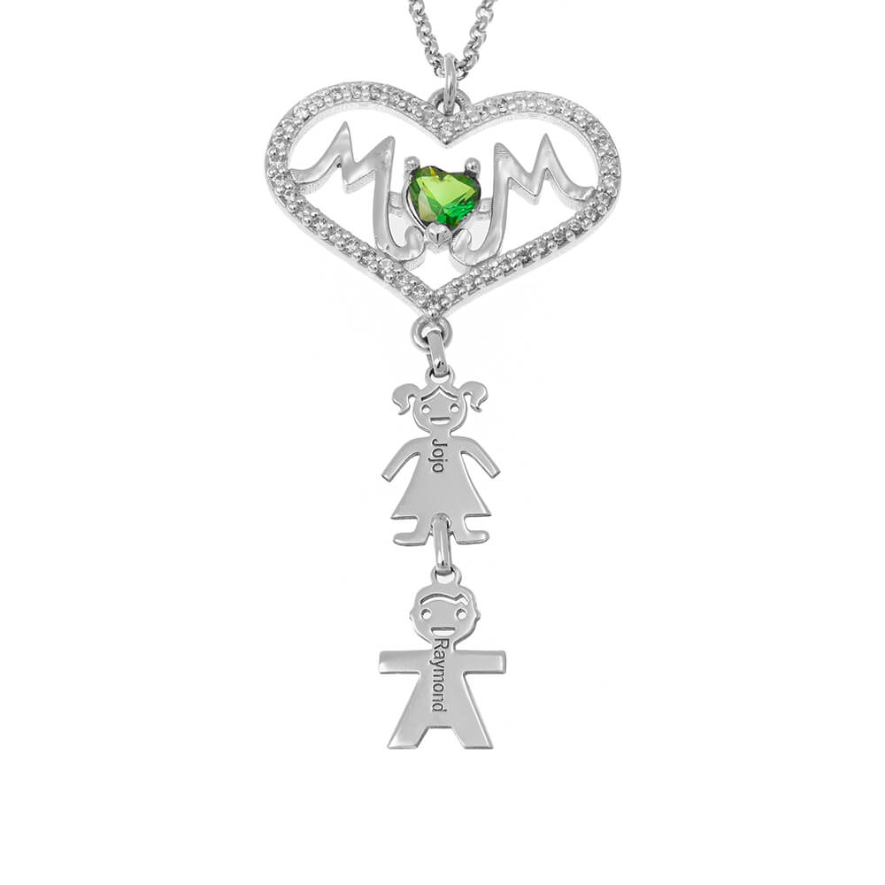 Swarovski Inlay Big Heart Mom Necklace With Kids silver