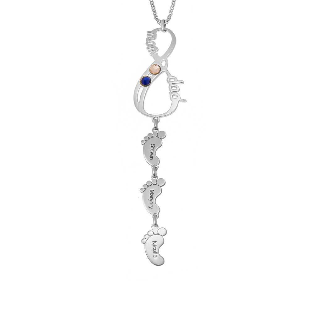Vertical Infinity Birthstones Necklace With Feet silver