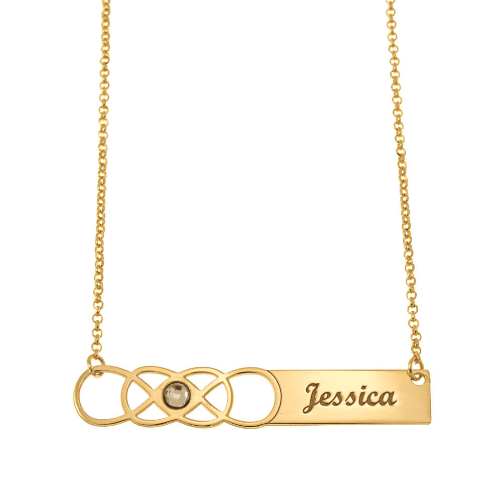 Double Infinity Bar Name Necklace with Birthstone gold