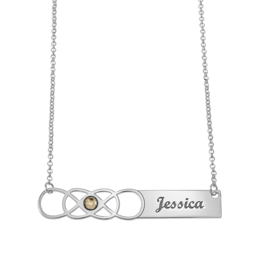 Double Infinity Bar Name Necklace with Birthstone silver