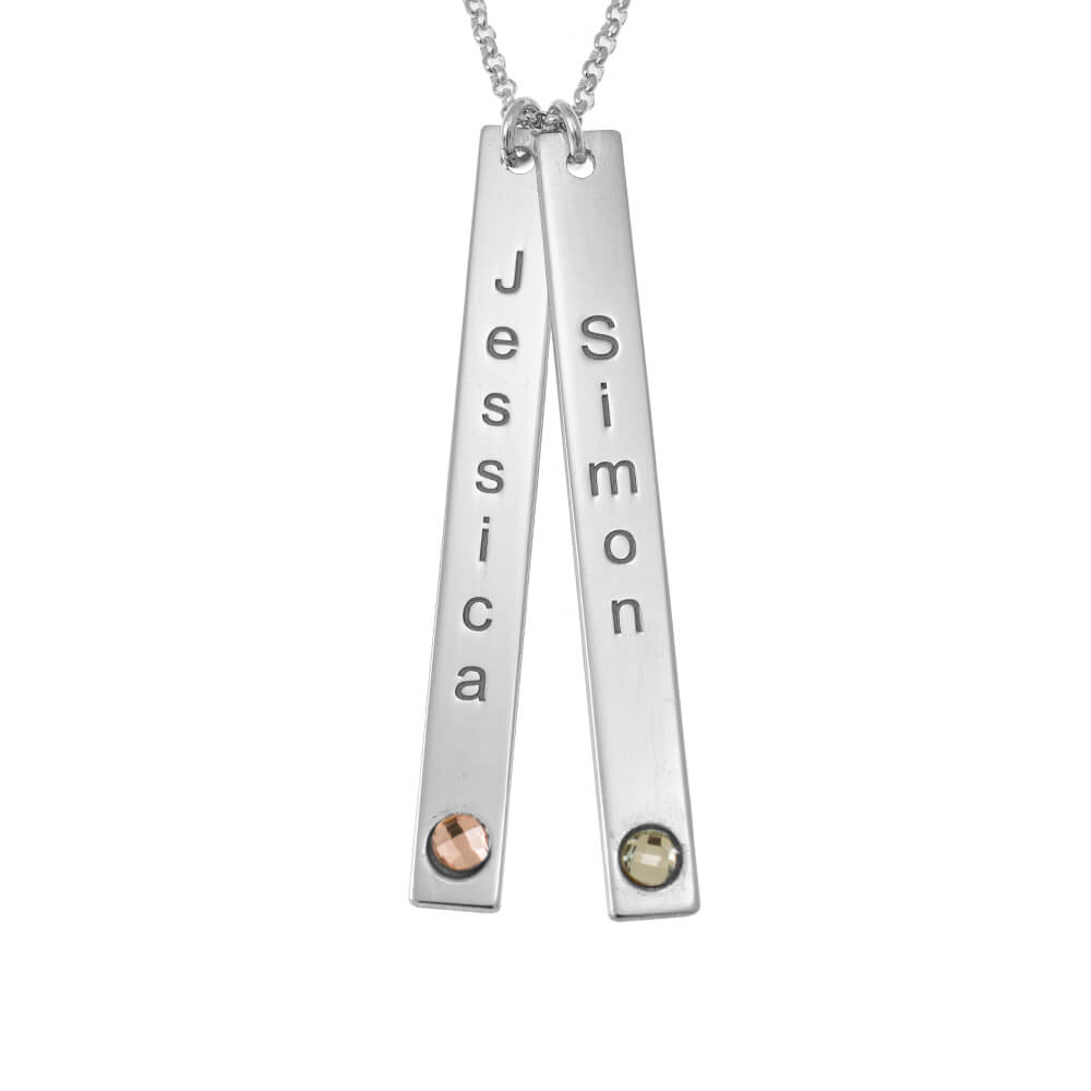 Double Vertical Bar with Name and Birthstone Necklace silver