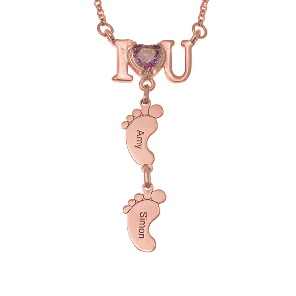 I Love You Heart Birthstone Necklace with Feet rose gold