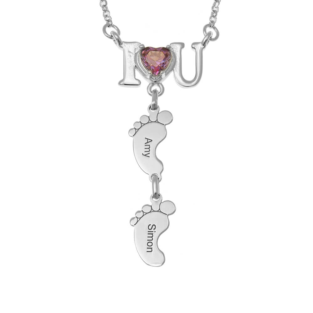 I Love You Heart Birthstone Necklace with Feet silver